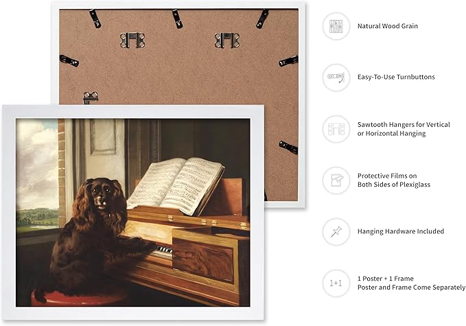 Poster Master Vintage Portrait of an Extraordinary Musical Dog Poster - Retro Dog Print - Puppy Art - Music Art - Piano Art - Animal Lover Art - Living Room or Office Decor, 16x20 White Framed