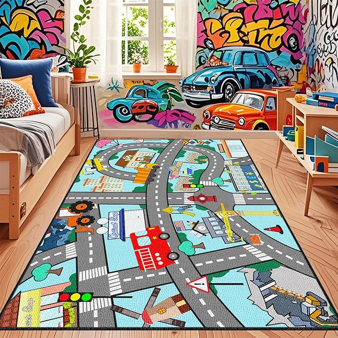 Car Mat for Kids Toy Cars - Car Track Rug Car Carpet for Kids Play Mat City Life Road Rug for Playroom Living Room Bedroom Classroom, 3'×5'