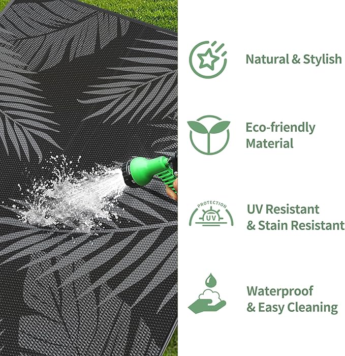 GENIMO Outdoor Rug 3' x 5' Waterproof for Patios Clearance, Reversible Outdoor Plastic Straw Camping Rug Carpet, Large Area Rugs Mats for RV, Camper, Deck, Balcony, Porch, Beach, Picnic, Black&Grey
