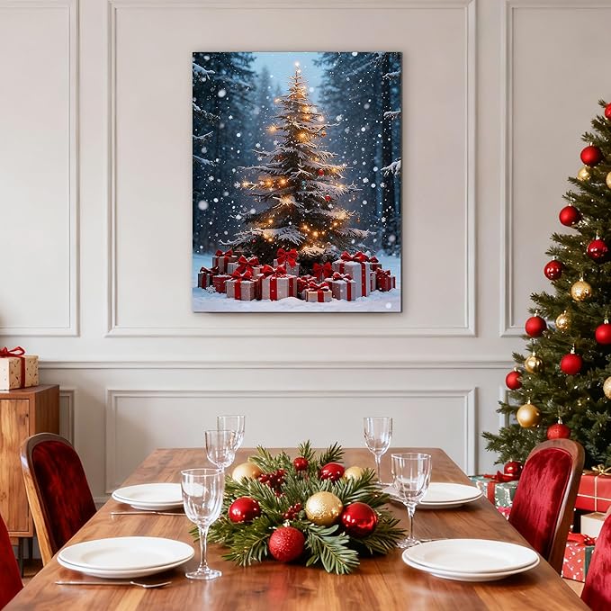 Framed Christmas Pictures Wall Decor,Vintage Pine Tree Prints,Winter Christmas Canvas Wall Art Decoration for Bedroom Bathroom Living Room Rustic Xmas Holiday Gifts (Christmas Tree 14, 12'' X 16'')
