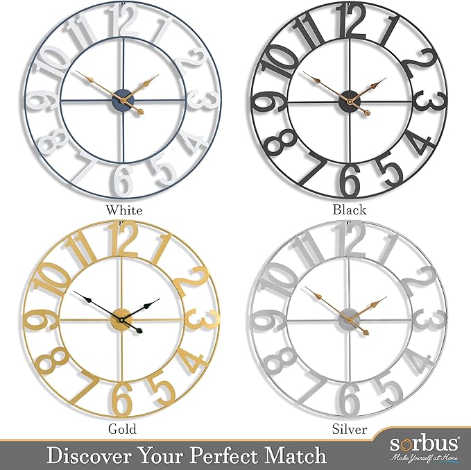 Sorbus 32-Inch Large Wall Clock – Decorative Gold Metal Clock with Black Hands – Silent, Battery Operated, Modern Wall Decor for Living Room, Kitchen, or Office – Great Gift for Housewarming or Office