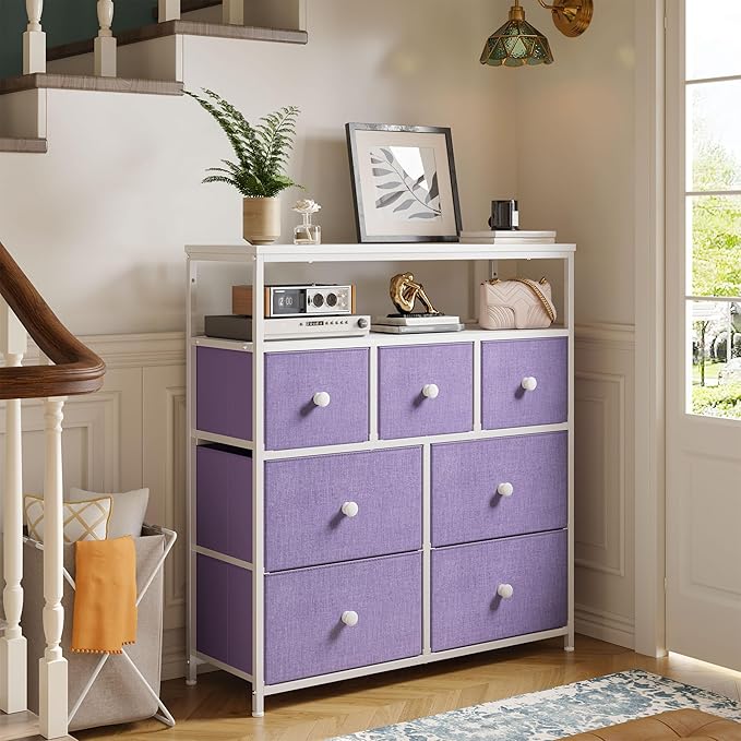 EnHomee Tv Stand for Bedroom with 7 Fabric Dressers and 2 Shelves，Dressers & Chests of Drawers for Closet，Hallway，Entryway，Dormitory，Purple Storage Drawers