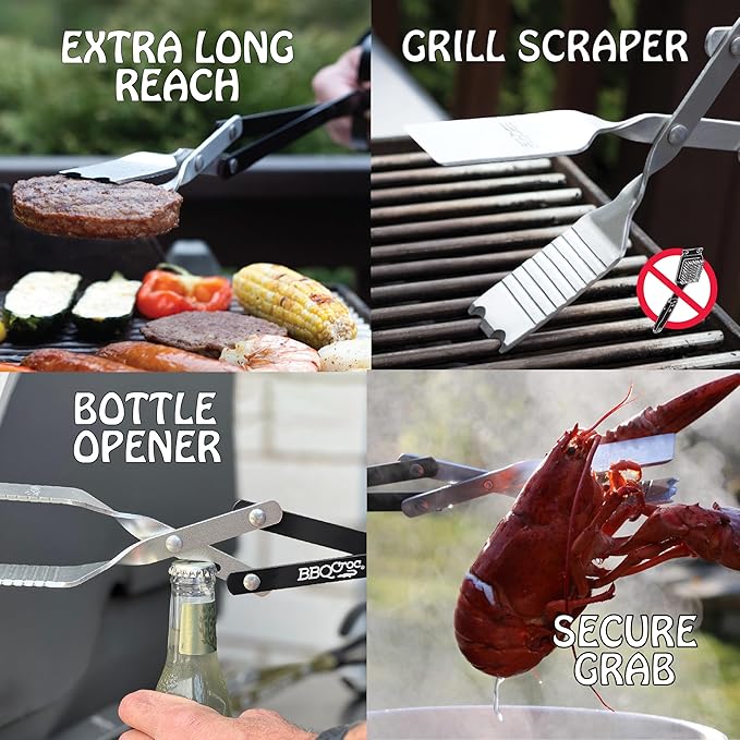 BBQCroc 3 in 1 Barbecue Tool 21-inch - Extra Light and Long Tongs, Spatula and Grill Scraper (Black)