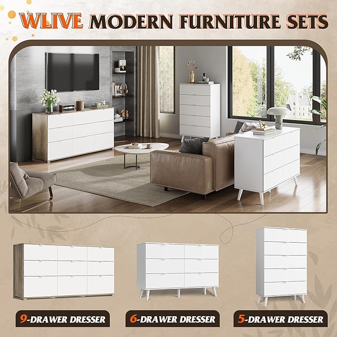 WLIVE 9 Drawer Dresser for Bedroom, 63" Wide Large Wood Chest of Drawers Organize with Sturdy Metal Handle, Modern Dresser for TV Stand, Living Room Office, Hallway, Ball Bearing Slide, Grey Oak