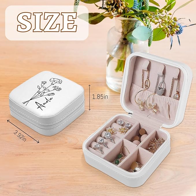 Personalized Jewelry Box, Custom Travel Jewelry Organizer with Birth Flower and Name, Personalized Gifts for Women, Girls, Mother, Wife, Bridesmaid, Custom Gifts for Birthday, Wedding, Anniversary