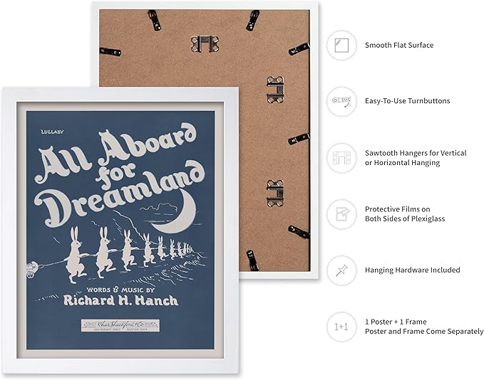 Poster Master All Aboard For Dreamland Poster - Retro Children's Lullaby Print - Story Book Art - Bunny Art - Rabbit Art - Aesthetic Art - Kid's Bedroom or Nursery Wall Decor, 11x14 White Framed