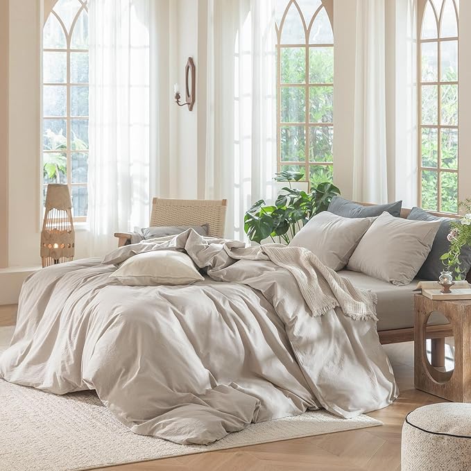 MooMee Bedding Duvet Cover Set 100% Washed Cotton Linen Like Textured Breathable Durable Soft Comfy (Solid Light Tan, Super King Plus 120"x120")