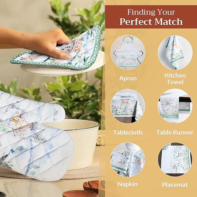 Maison d' Hermine Pot Holders Set 100% Cotton Heat Resistant Potholders 8" x 8" Hot Pads with Loop for Thanksgiving Christmas Decorations BBQ Cooking Baking Handling Hot Pans (Pack of 2, Snowy World)