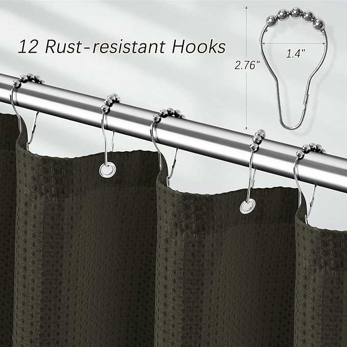 Brown Shower Curtain Waffle Weave Textured Fabric Heavy Duty Shower Curtain Set for Bathroom, Waterproof 256GSM Weighted Hotel Quality Luxury Bath Curtain Set with 12 Hooks, 72Wx72H
