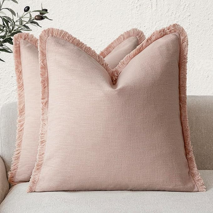 Foindtower Set of 2 Decorative Linen Fringe Throw Pillow Covers Boho Farmhouse Cushion Cover with Tassels Soft Accent Pillowcase for Couch Chair Sofa Bed Living Room Home Decor,16×16 Inch,Light Pink
