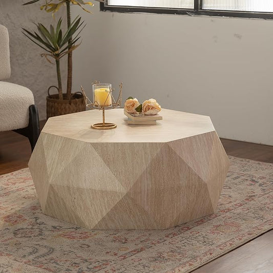 WILLIAMSPACE 37.4" Drum Coffee Table with Mars Pattern for Living Room, Modern Farmhouse Wood Center Table with Faceted Diamond, Mid Century End Side Table for Apartment, 37.4" x 35.83" x 16.14"H