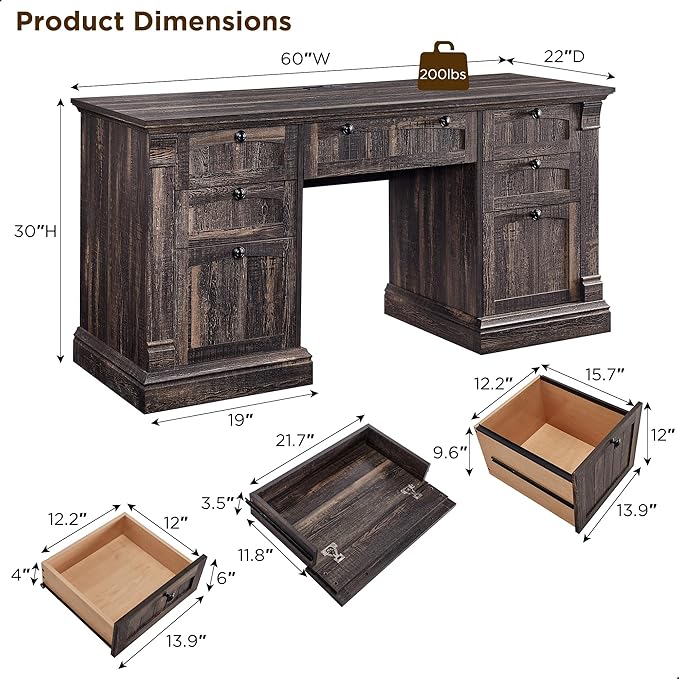 OKD 60" Executive Desk with Drawers, Farmhouse Home Office Desk with Charging Station, Keyboard Tray, File Cabinet Storage, Wood Computer Desk for Work and Study, Dark Rustic Oak