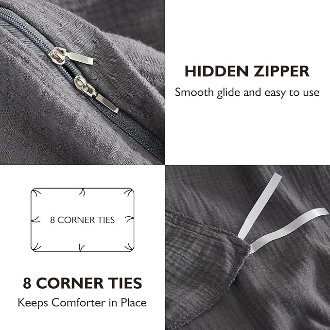 EMME Muslin Cotton Duvet Cover Set Dark Grey Twin Size Linen Like Soft Breathable Lightweight Summer Comforter Cover Set with Zipper Closure (Dark Grey, Twin, 68"x90")