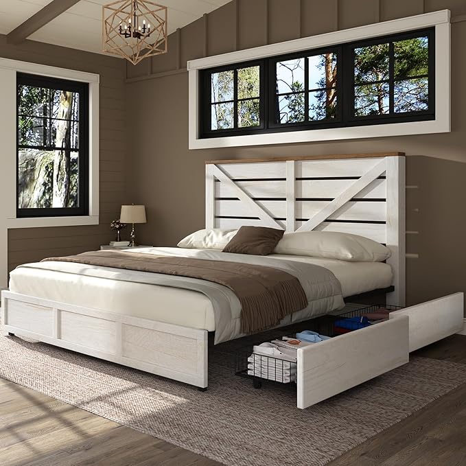AMERLIFE King Size Farmhouse Bed Frame with 4 Drawers, Wooden Storage Bed Frame with Headboard and Heavy Duty Metal Slats, Noisy Free, Easy Assemble, White/Barnwood