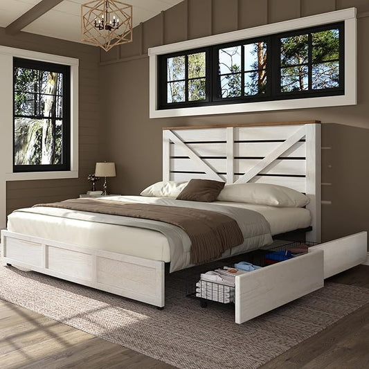 AMERLIFE King Size Farmhouse Bed Frame with 4 Drawers, Wooden Storage Bed Frame with Headboard and Heavy Duty Metal Slats, Noisy Free, Easy Assemble, White/Barnwood