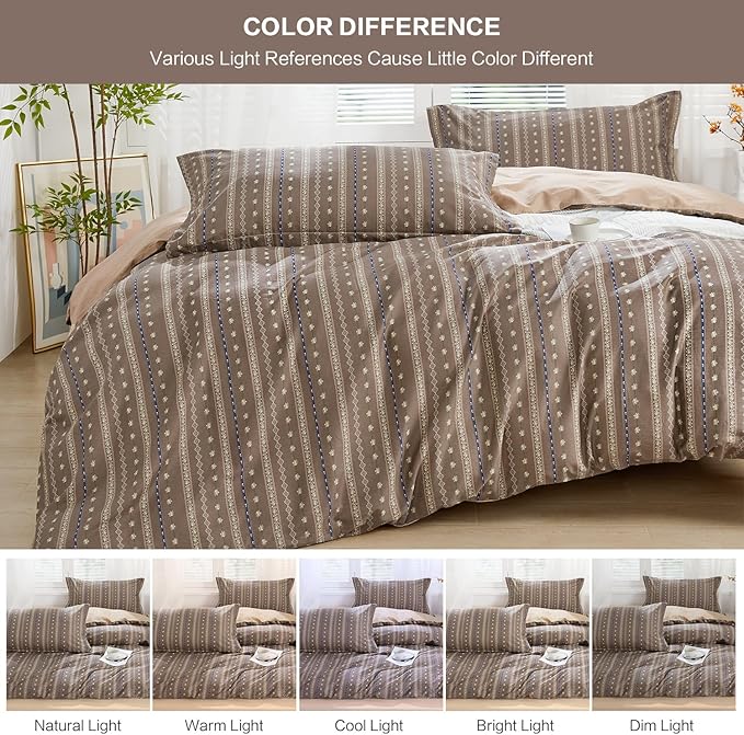 SAPHREAS Brown Stripe Duvet Cover Set Full Size 3pcs Floral Pattern Bedding Comforter Cover Set 100% Cotton 1 Duvet Cover 80"x90" 2 Pillow Shams, Comforter Not Included