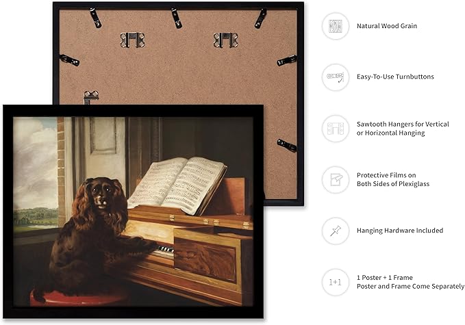 Poster Master Vintage Portrait of an Extraordinary Musical Dog Poster - Retro Dog Print - Puppy Art - Music Art - Piano Art - Animal Lover Art - Living Room or Office Decor, 8x10 Black Framed