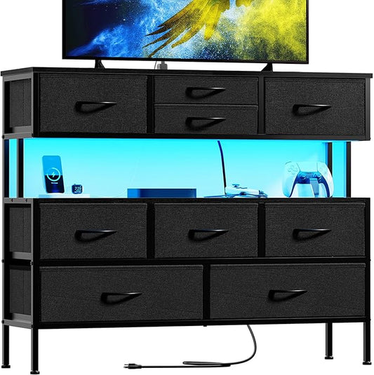 REAHOME Dresser TV Stand with Charging Station and LED Lights, 55” TV Stand Entertainment Center with 9 Drawers, Steel Frame, Large Storage Chest of Drawers for Bedroom, Living Room, Black Gray