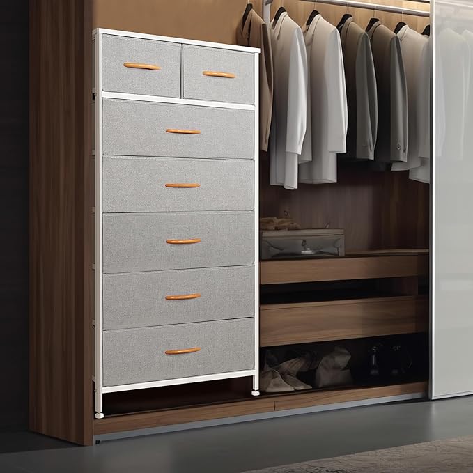 Tall Dresser for Bedroom, Vertical Storage Organizer Tower with 7 Drawers, Chest of Drawers with Fabric Bins, Steel Frame, Wood Top for Bedroom, Closet, Entryway- Light Grey