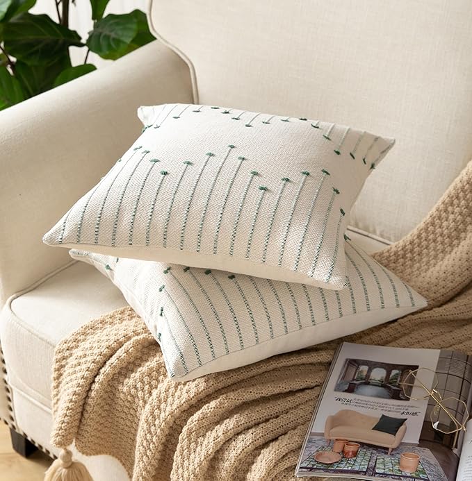 Caflife Boho Throw Pillow Covers 24x24 Set of 2 Decorative Pillows for Bed, Neutral Pillow Covers Beige with Green Line Throw Pillows for Modern Farmhouse Couch Sofa Living Room Outdoor