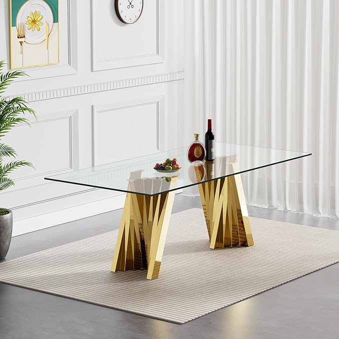 Goujxcy 70" Glass Dining Table Set for 6, Modern Gold Dining Table Set with 6 Blue Velvet Upholstered Dining Chairs, 7 Piece Kitchen Dining Room Table Set with Stainless Steel Legs