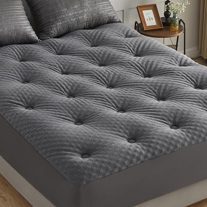 QUIETSEA Reversible Queen Mattress Topper Egg Crate Memory Foam Mattress Topper, Bamboo Viscose Mattress Pad Queen, Noiseless Waterproof Mattress Cover with Deep Pocket up to 21" (60" x 80", Grey)