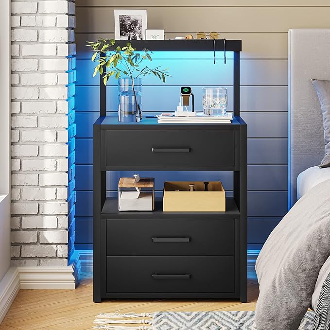 AOGLLATI Nightstand Set of 2 with Charging Station and LED Lights, Bedside Table with 3 Drawers and Open Storage Shelves, 2 USB Ports and 2 AC Outlets, LED Night Stand for Bedroom, 2 Pack, Black