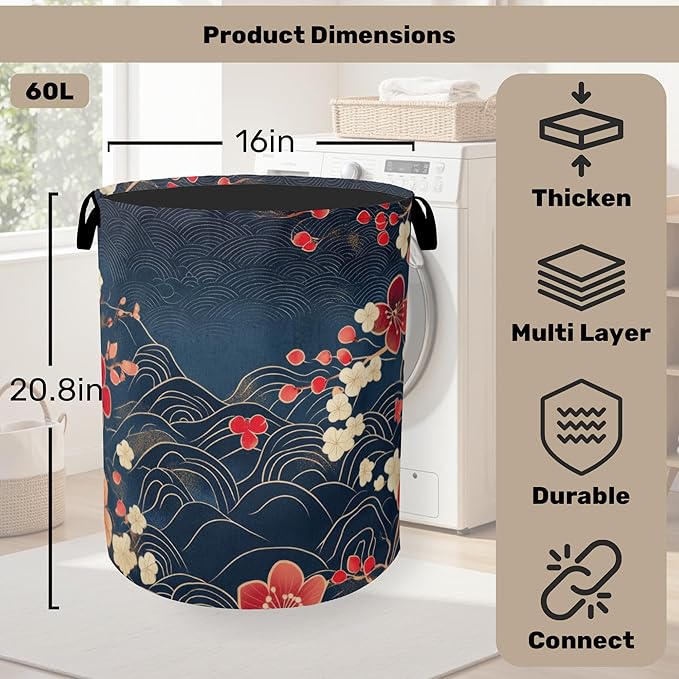 Japanese Wave Cherry Blossom Large Clothes Hamper Bag - Laundry Basket with Handles, Space Saving Foldable Design for Nursery