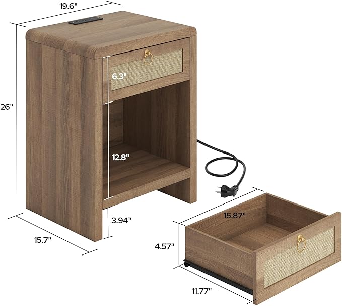 Rattan Nightstand Set of 2, Nightstand with Charging Station, Boho Bedside Table End Table with Drawer and Storage Shelf, Wood End Table Night Stand for Bedroom, Small Space, Natural Oak