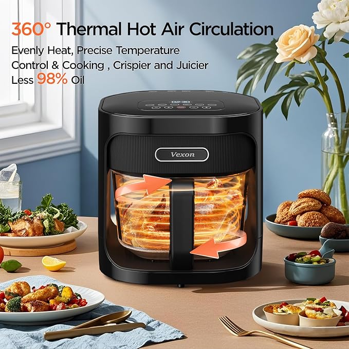 Vexon 4.5L Glass Air Fryer ，Clear Viewing Window ，Easy-to-Clean Basket ，Multiple Cooking Modes ，User-Friendly Digital Controls (Black)
