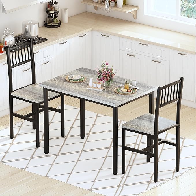 Lamerge Small Kitchen Table Set for 2, Industrial Dining Table and 2 Chairs, 3 Pieces Dining Table Set for 2 Dinner Table Set for Small Space, Apartment,Grey