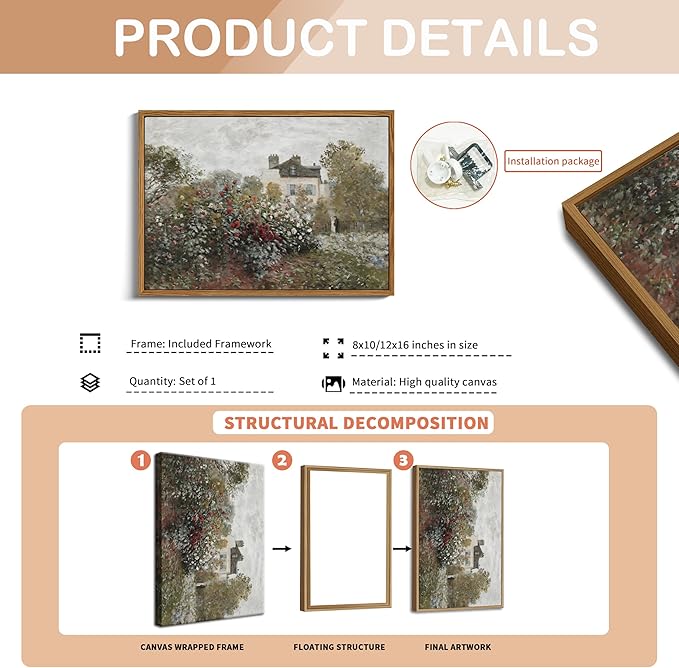 Floating Framed Vintage Monet Canvas Wall Art, Classical Rustic Farmhouse Landscape Wall Decor Paintings, Natural Floral Artwork Pictures Posters Prints for Living Room Bedroom 12x16 inch