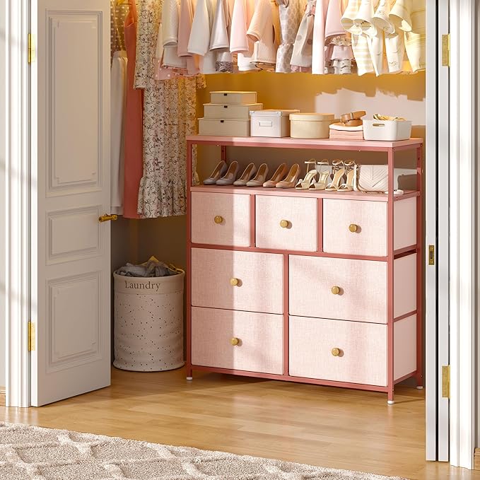 EnHomee Dresser for Bedroom with 7 Drawers and 2 Shelves,Tv Stand for Bedroom,Pink Dresser for Closet,Hallway,Entryway,Dormitory,Dorm Storage