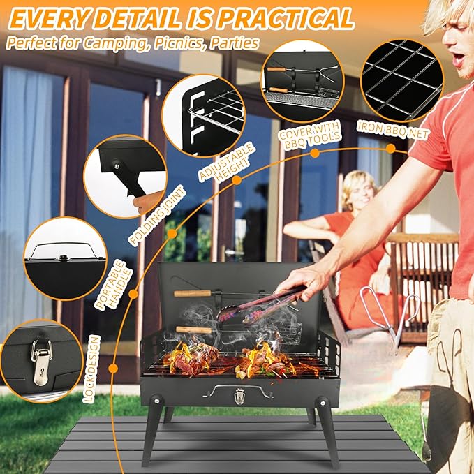 Portable Charcoal Grill Foldable BBQ Grill Kit - Compact Camping Grill for Outdoor BBQ, Cooking, Picnics, Beach, Backyard - Barbecue Accessories with Grill Tools