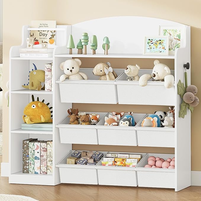 Toy Storage Organizer, Toy Shelf with 8 Storage Bins, Playroom Storage, Kids Bookshelf, 4-Tier Toddler Bookshelf for Children's Room, Bedroom, Living Room, Study Room, Nursery White KB42003W