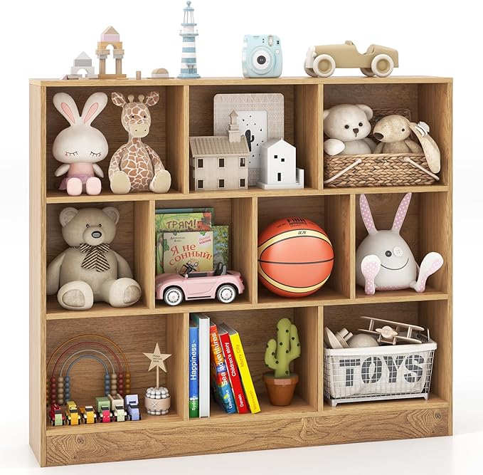 Costzon Wooden Toy Storage Organizer, 10-Cube Kids Bookshelf w/ 2 Anti-Toppling Kits, 3 Tier Open Shelves & Non-Slip Foot Pads, Book Shelf for Kids Rooms, Playroom, Classroom, Nursery (Natural)
