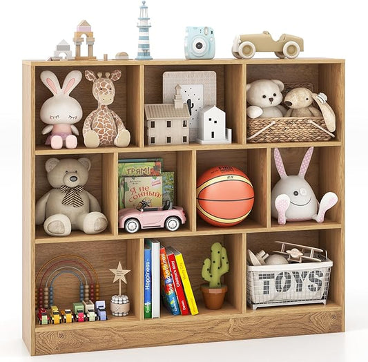 Costzon Wooden Toy Storage Organizer, 10-Cube Kids Bookshelf w/ 2 Anti-Toppling Kits, 3 Tier Open Shelves & Non-Slip Foot Pads, Book Shelf for Kids Rooms, Playroom, Classroom, Nursery (Natural)