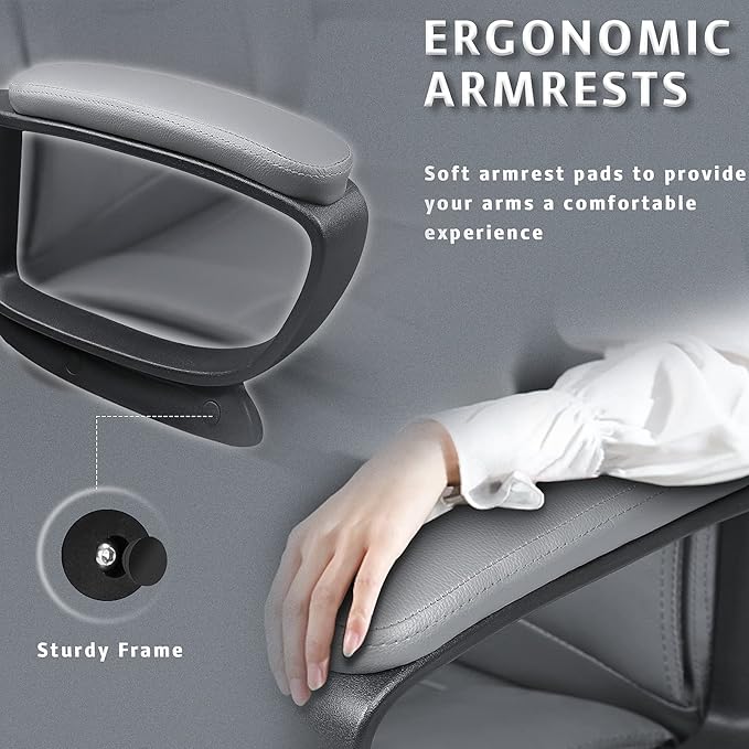 LEMBERI Office Desk Chair, Big and Tall Managerial Executive Chair, High Back Computer Chair, Ergonomic Adjustable Height PU Leather Chairs with Cushions Armrest for Long Time Sitting (Grey)