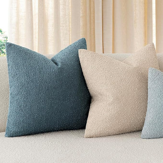 Foindtower Set of 2, Decorative Textured Boucle Throw Pillow Covers Accent Solid Pillow Cases Neutral Cozy Couch Cushion Case for Chair Sofa Bedroom Living Room Home Decor 24x24 Inch Misty Blue
