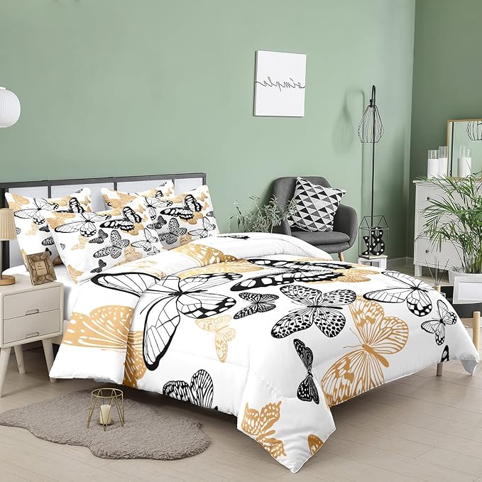 Tailor Shop Black and Gold Butterfly Comforter Set for Girls Kids Adults Ultra Soft Flying Butterfly Pattern Bedding Sets Queen Size with 1 Comforter 2 Pillowcases…