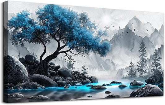 Lapremoly Black And White Wall Painting Canvas Art For Living Room, Office, Bedroom - Blue Tree Landscape Pictures - Hotel Artwork Posters - Family Home Wall Decoration