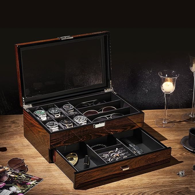 BEWISHOME High-End Watch Box, 6-Slot Watch Case and 3 Glasses Case, 2-Layer Wooden Mens Jewelry Box with Large Glass Lid, Luxury Watch Display Case for Men Watch Storage, PU Leather Interior, Brown