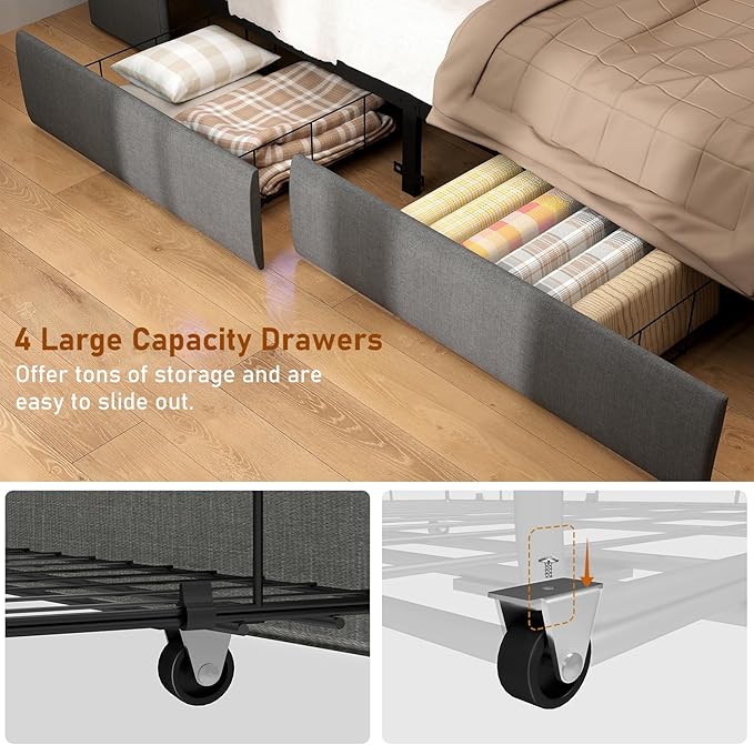 SADENICEL Full Size Bed Frame with Storage Headboard and 4 Drawer, Metal Full Bed Frame Platform with LED Light, Charging Station, No Box Spring Needed, Noise Free, Easy Assembly, Grey