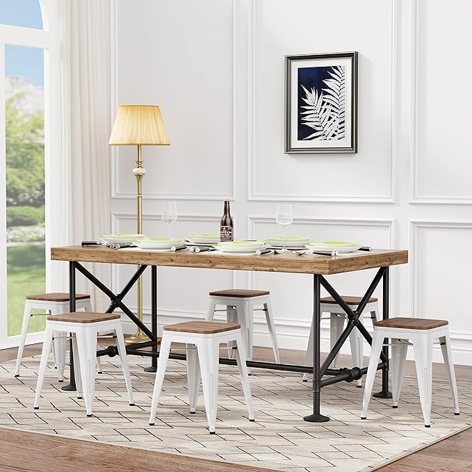Andeworld 18 Inch Stools Set of 4,Industrial Metal Dining Chair with Wooden Seat,Short Kitchen Bar Stools Stackable for School,Classroom,Cream White