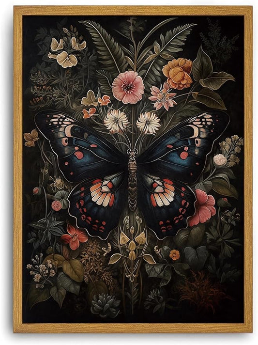 Djmwtb Vintage Framed Wall Art Butterfly Canvas Wall Art Prints Gothic Botanical Floral Pictures Dark Academia Flower Painting Artwork for Living Room Bedroom Bathroom Office 12x16in