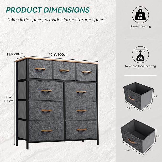 YITAHOME Dresser for Bedroom with 9 Drawers, Fabric Storage Dresser, Closet & Chest of Drawers for Living Room, Closets - Sturdy Steel Frame, Wooden Top & Easy Pull Fabric Bins(Dark Grey)