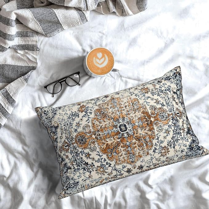 Gold Blue Boho Throw Pillow Covers 12x20 Set of 2, Carpet Pattern Pillow Covers Ethnic Rustic Farmhouse Cushion Cases Linen Decorative Gifts for Couch Sofa Indoor Outdoor