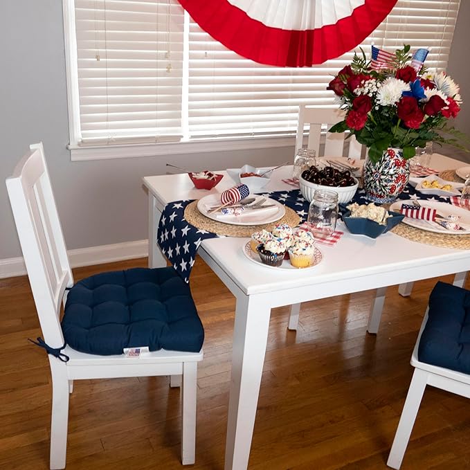 Barnett Home Decor Cotton Duck Navy Blue Dining Chair Pad with Ties - 15 x 17 Size Small Chair Cushion - Latex Foam Fill - Machine Washable, Reversible, Solid Color, 100% Cotton, Made in USA