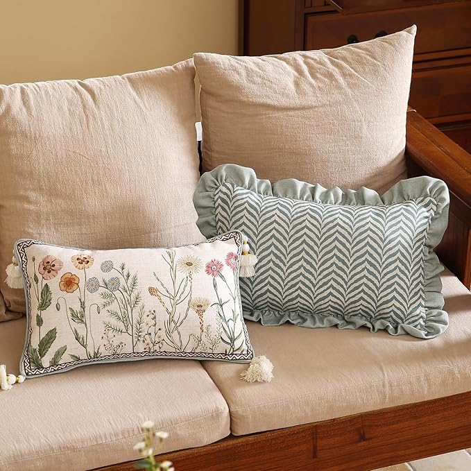 Design Linen Throw Pillow Covers 12"x20" Pack of 2, Rectangle Minimalist Cushion Covers with Powder Blue Chevron Leaves Pattern Decoration Pillowcases for Bed,Living Room,Outdoor,Car