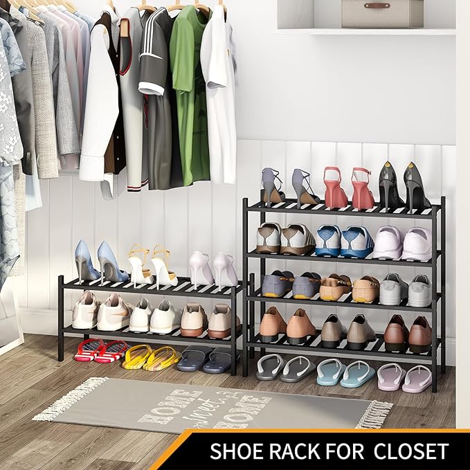 4-Tier Bamboo Shoe Rack for Entryway, Stackable | Heavy Duty | Multi-Function, Free Standing Shoe Racks for Bedroom Hallway Closet（Black）